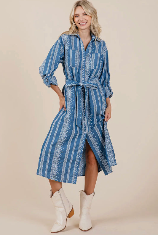 Denim Embroidered Midi Shirt Dress