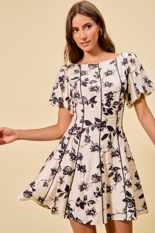 Ivory & Black Floral Fit & Flare Dress