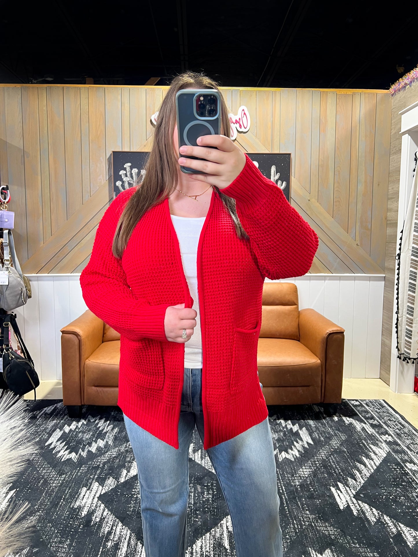 Ruby Red Waffle Knit Cardigan