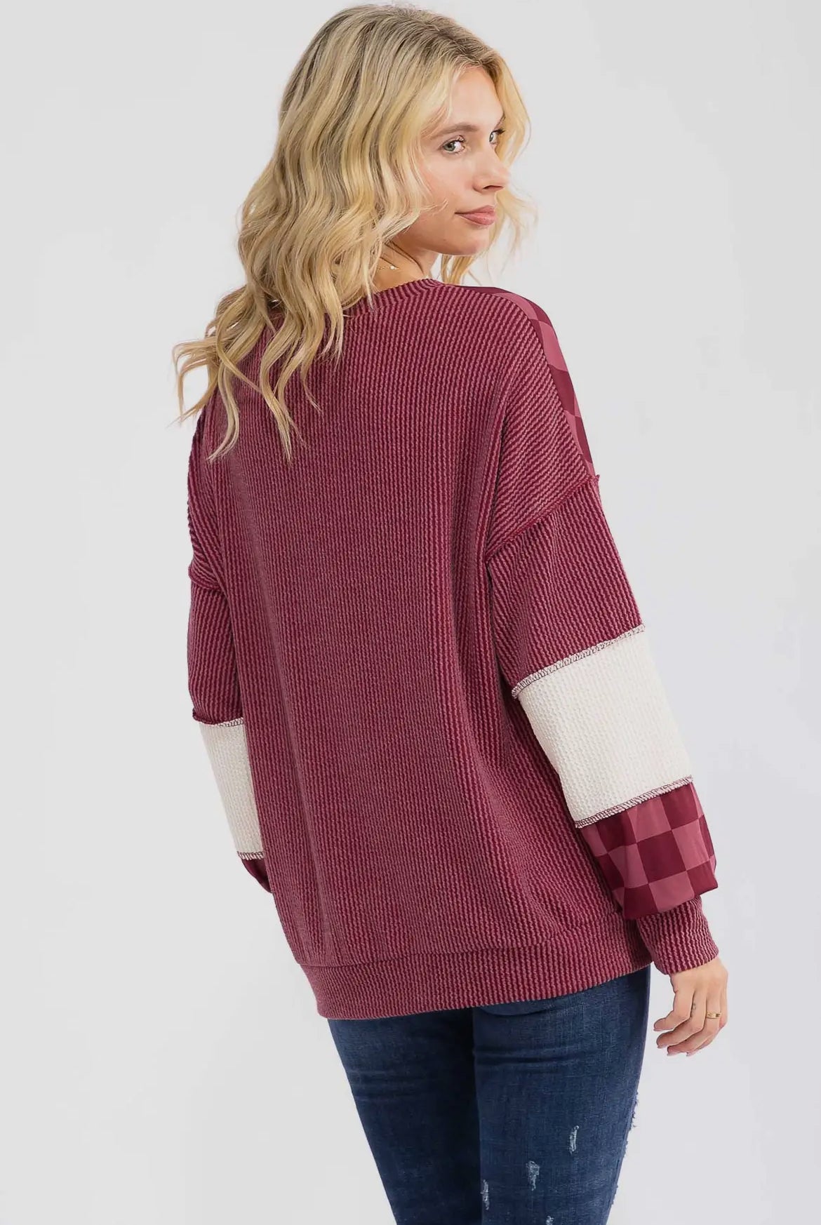 Burgundy + Checkered Ribbed Colorblock Long Sleeve Top