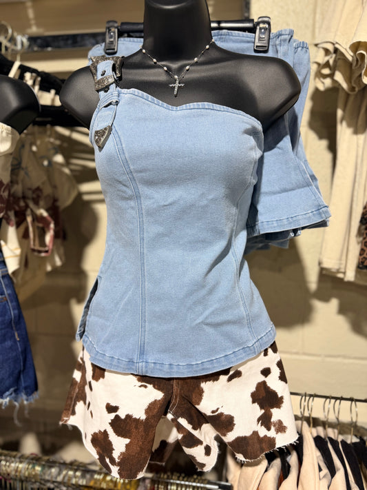 Buckle Up One Shoulder Denim Top