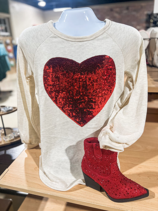 Oatmeal Sequin Heart Long Sleeve Top