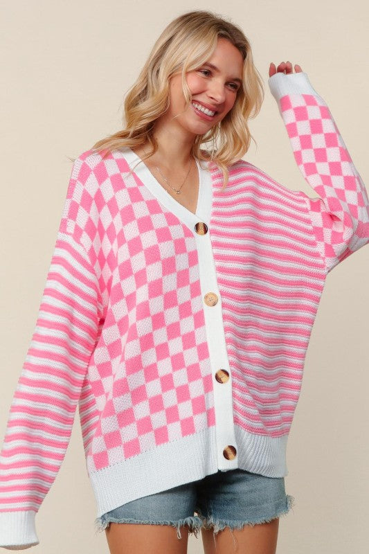 Pink Checkered + Stripes Button Cardigan