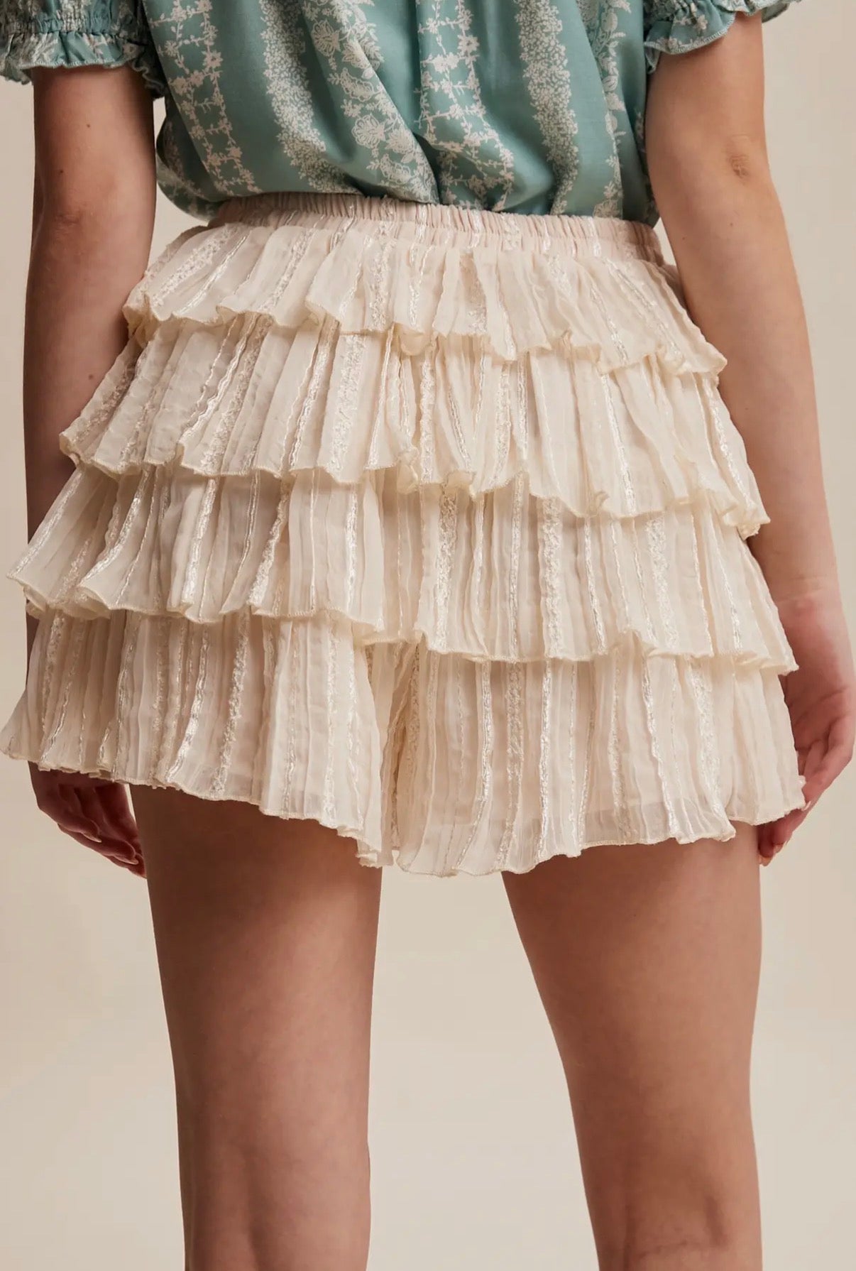 Ecru Embroidered Tiered Pleated Skort