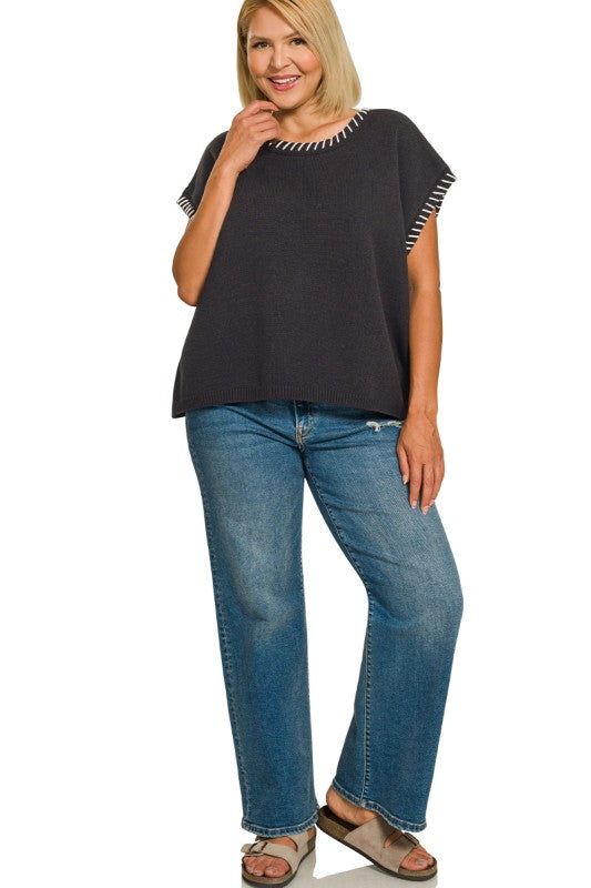 Black Stitched Edge Sweater Vest
