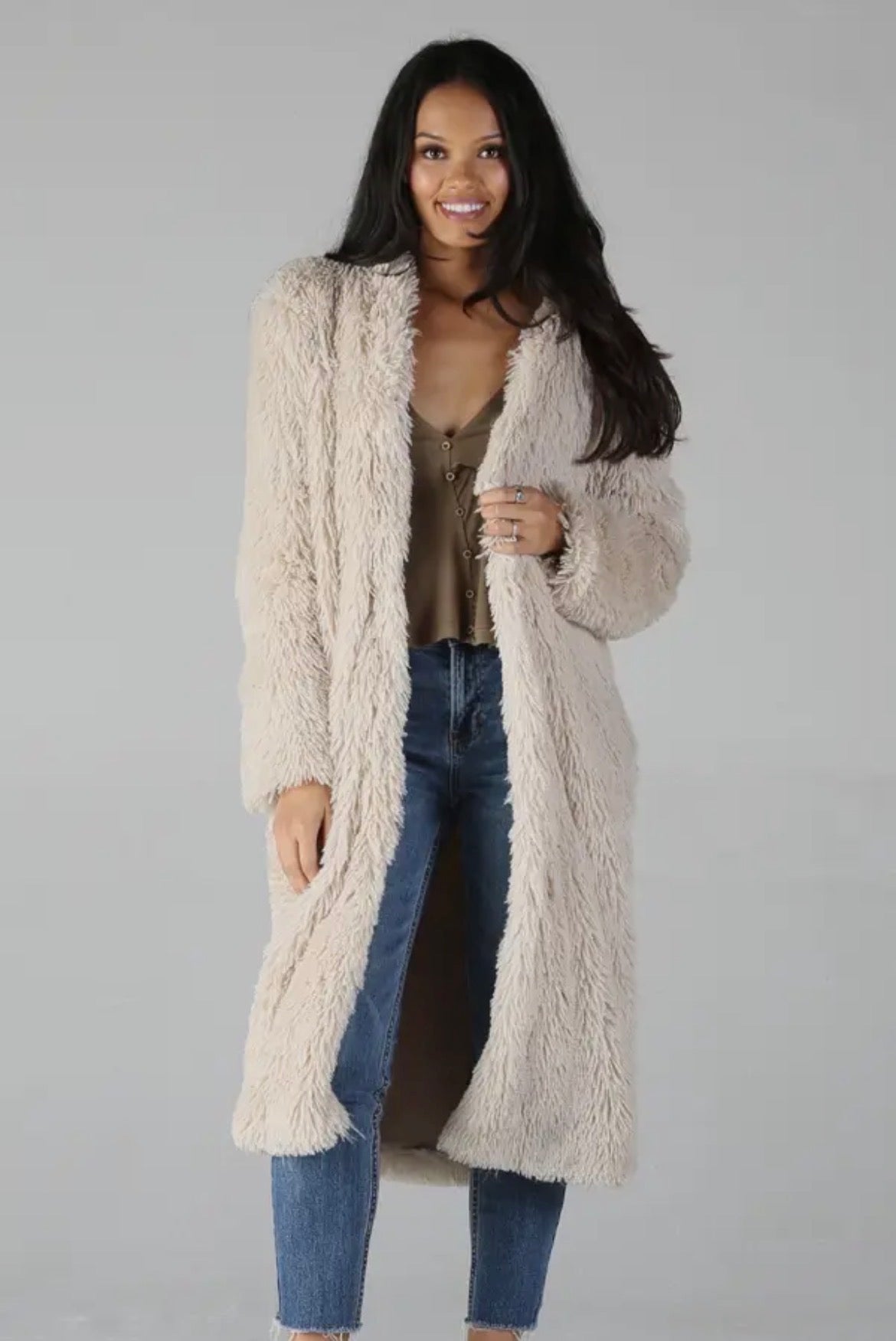 Cream Faux Fur Long Coat