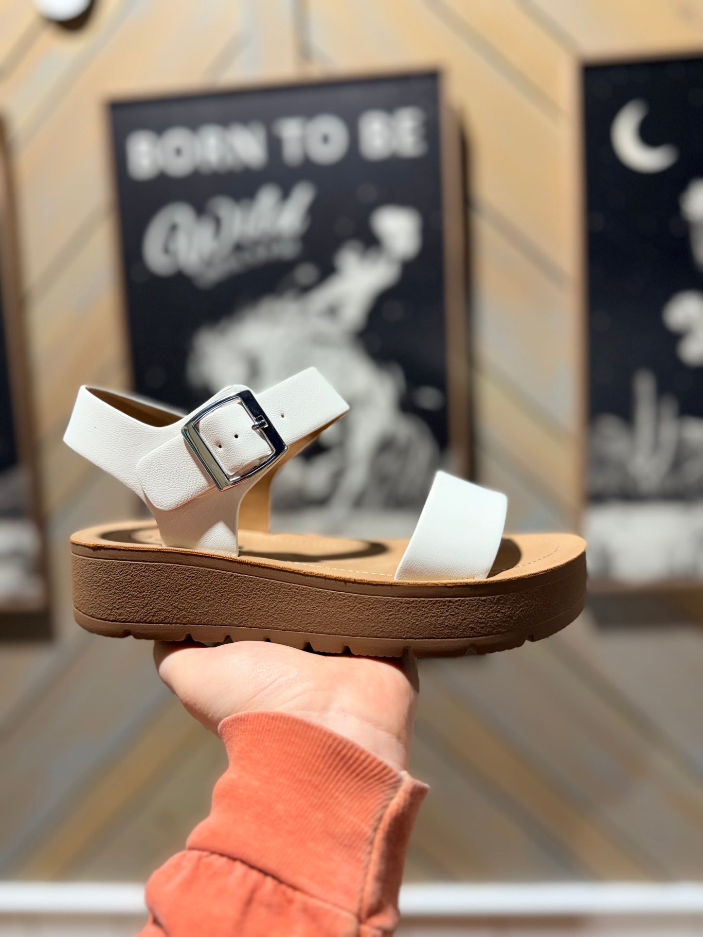 White Delaney Buckle Platform Sandals