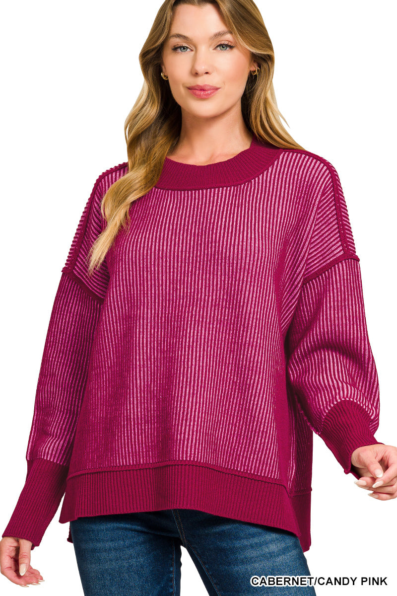 Cabernet & Candy Pink Ribbed Two-Tone Sweater