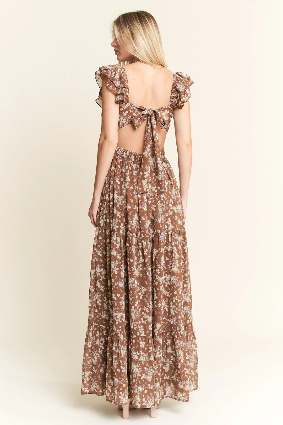 Mocha Floral Ruffle Sleeve Tiered Maxi Dress