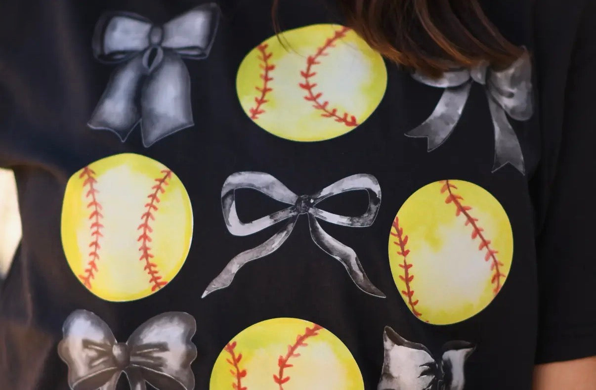 Black Softballs & Bows Comfort Colors Tee