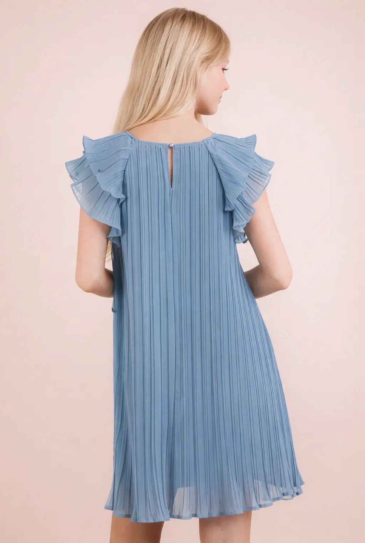 Blue Pleated Ruffle Sleeve Dress