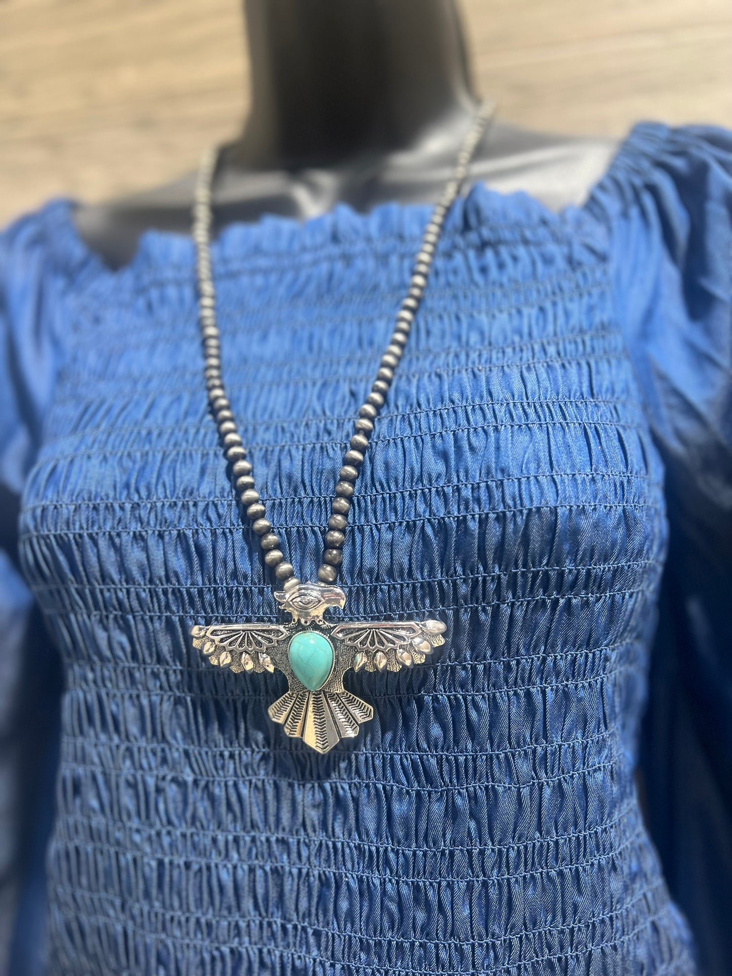 Navajo Pearl + Turquoise Thunderbird Long Necklace + Earrings Set