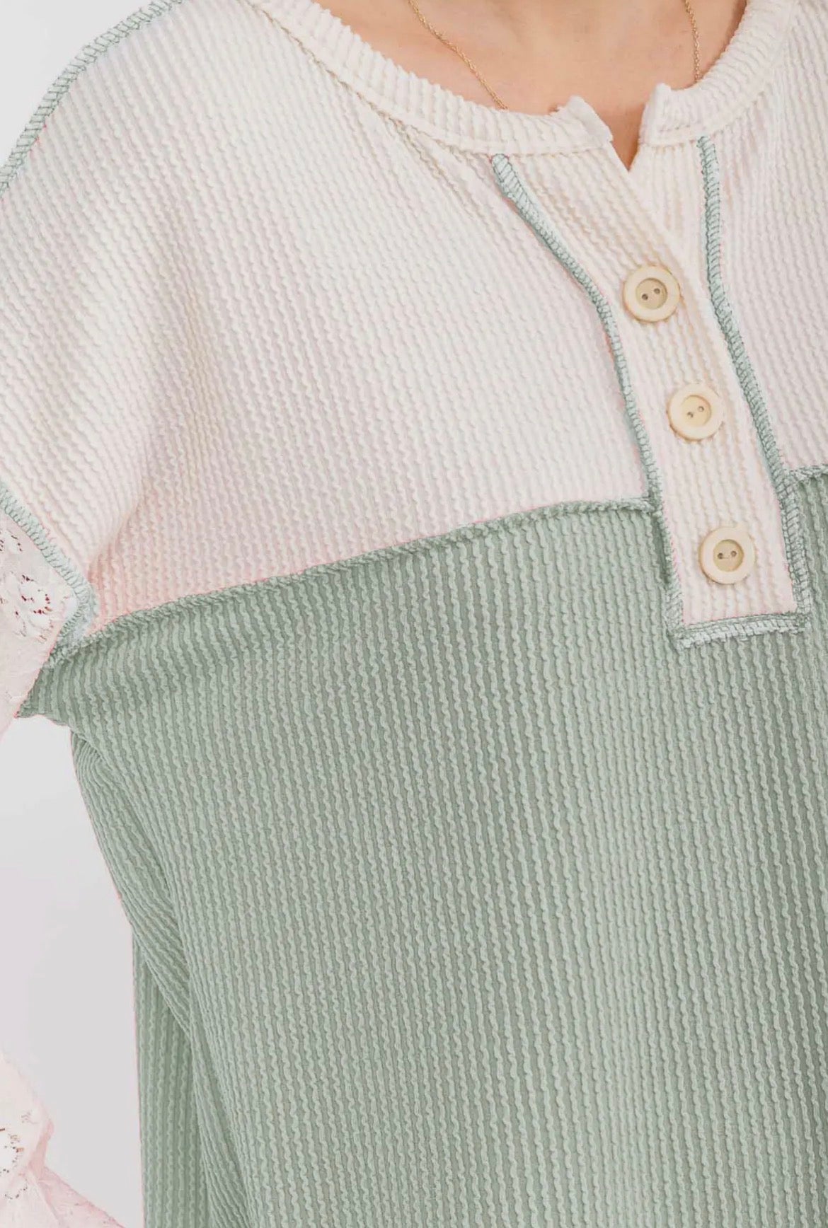 Sage Ribbed Lace Detail Long Sleeve Top