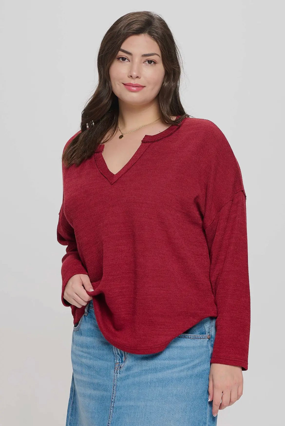 Burgundy Solid Notch Neck Knit Top