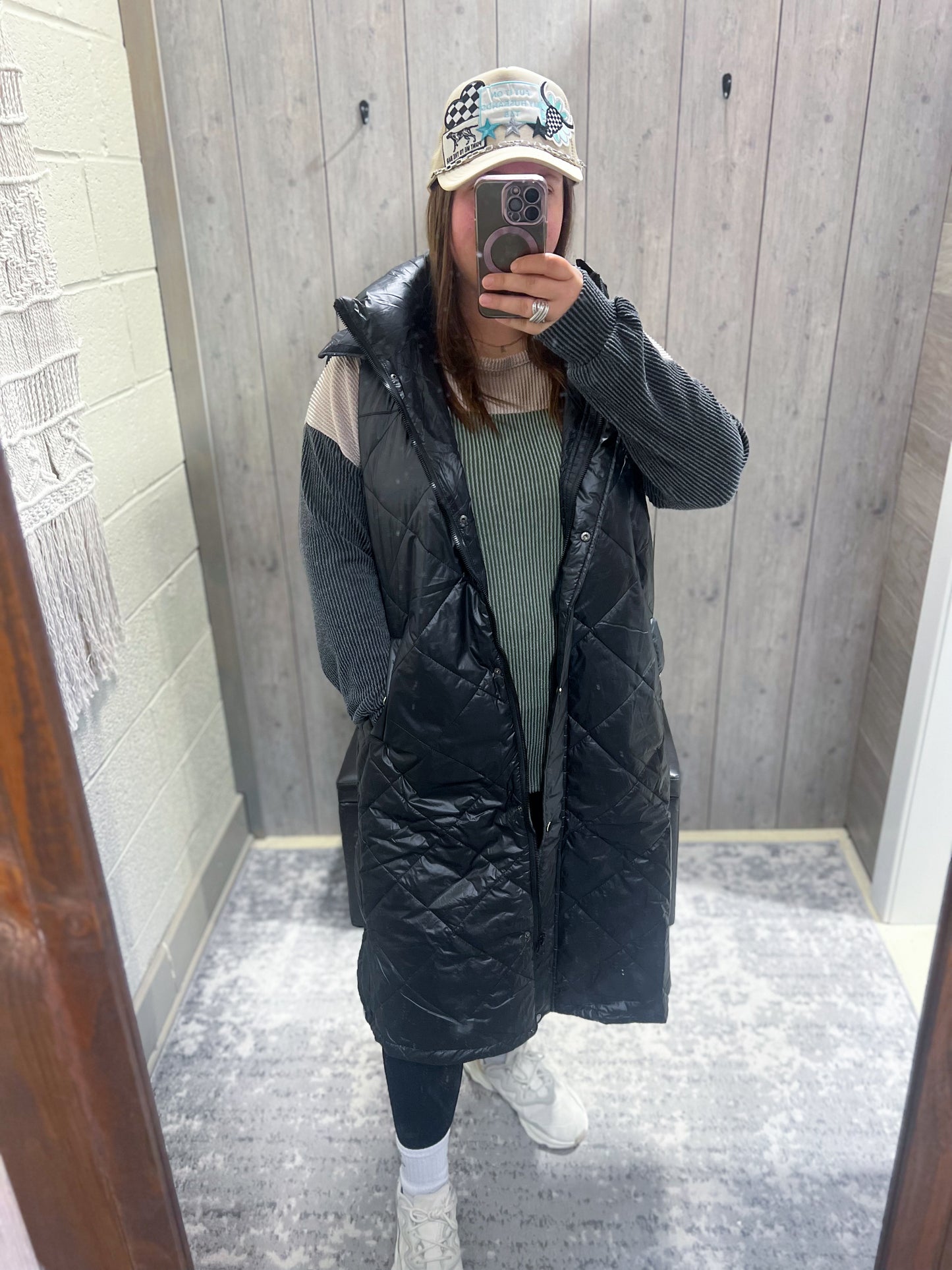 Black Hooded Long Padded Vest