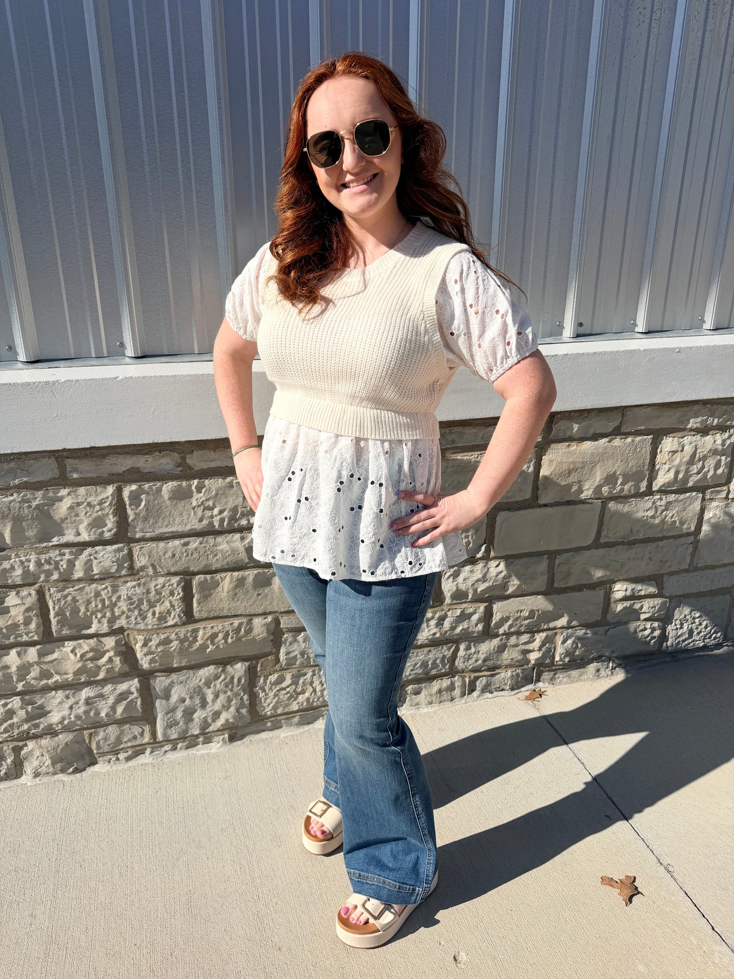 Cream + Ivory Round Neck Sweater Eyelet Layered Top