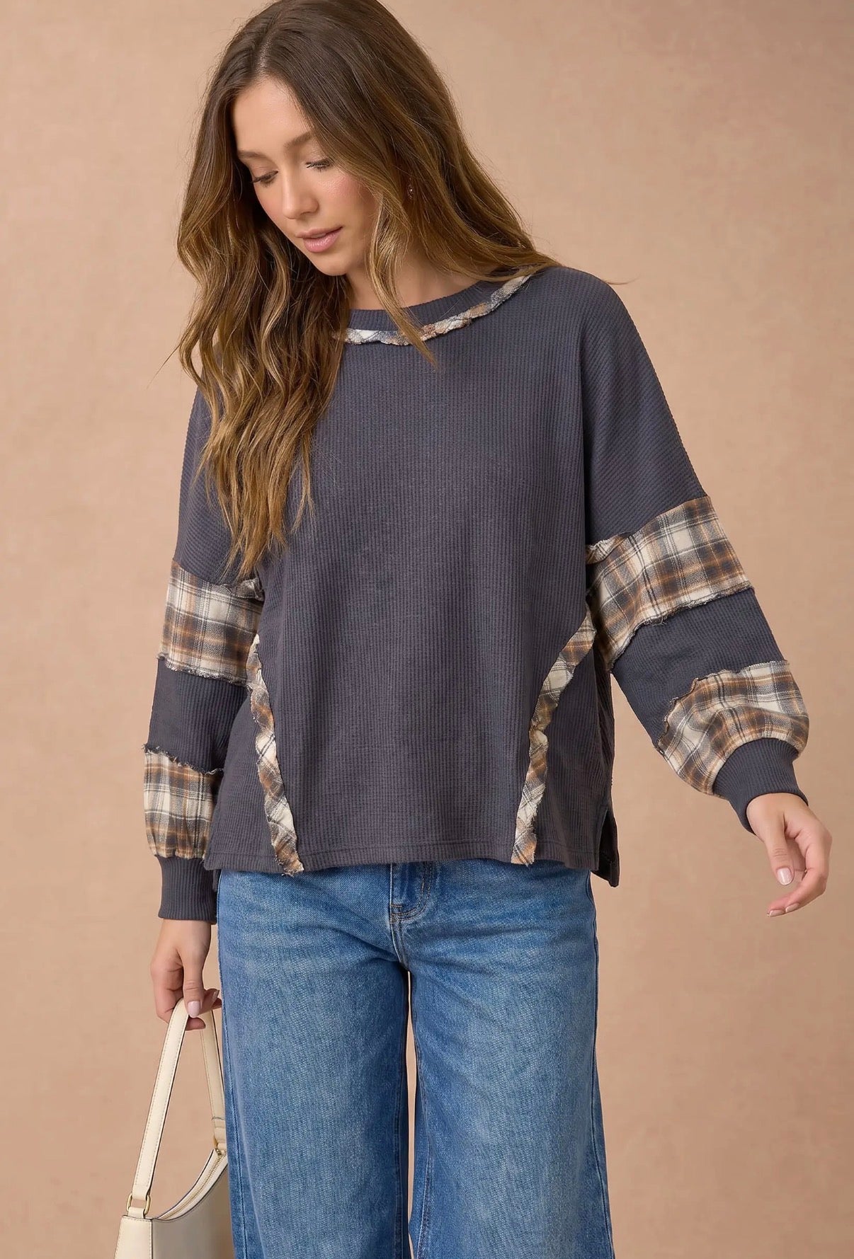 Charcoal + Plaid Thermal Knit Top