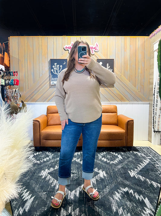 Light Mocha Round Neck Waffle Knit Sweater