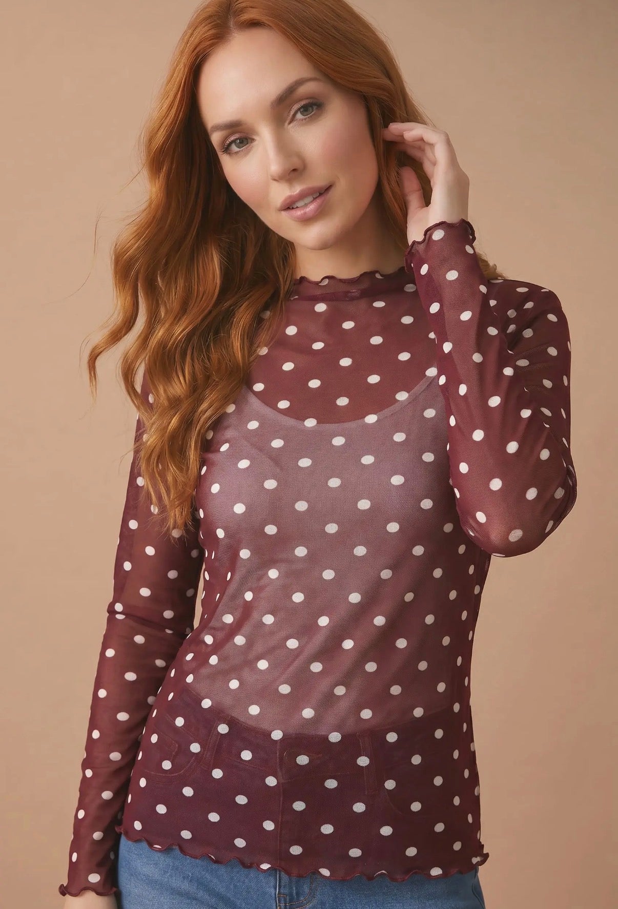 Maroon Polka Dot Mesh Long Sleeve
