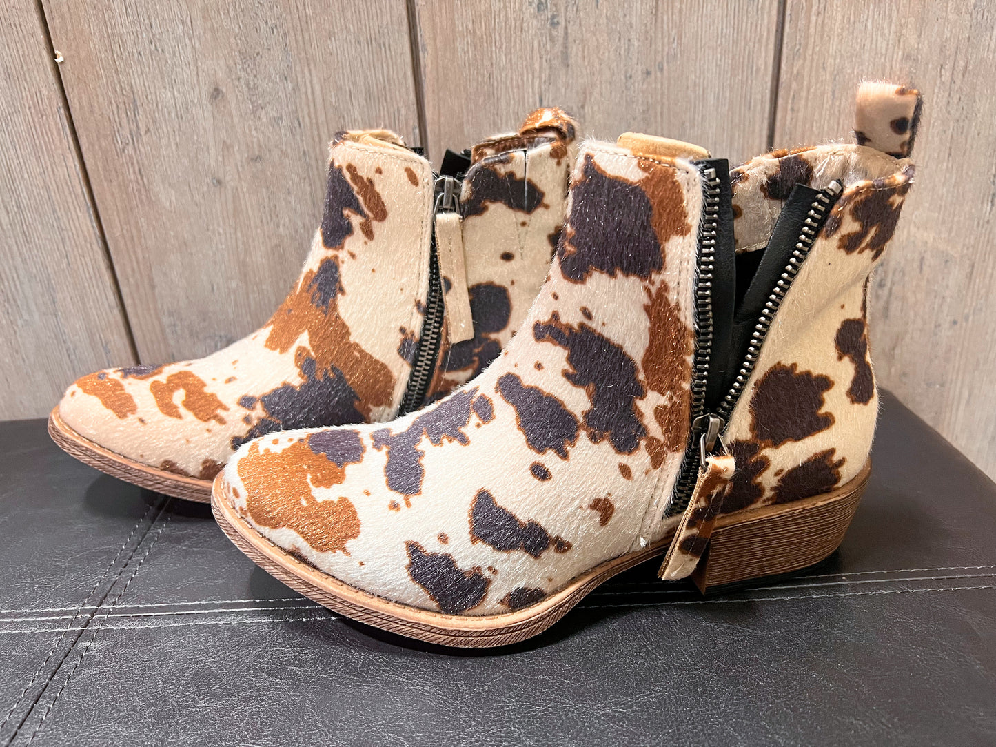 Very G Chisel Cow Print Booties