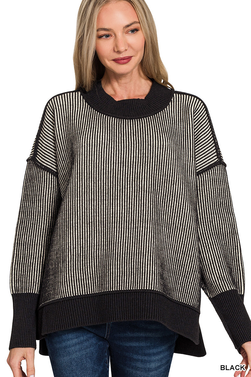 Black Ribbed Two-Tone Sweater
