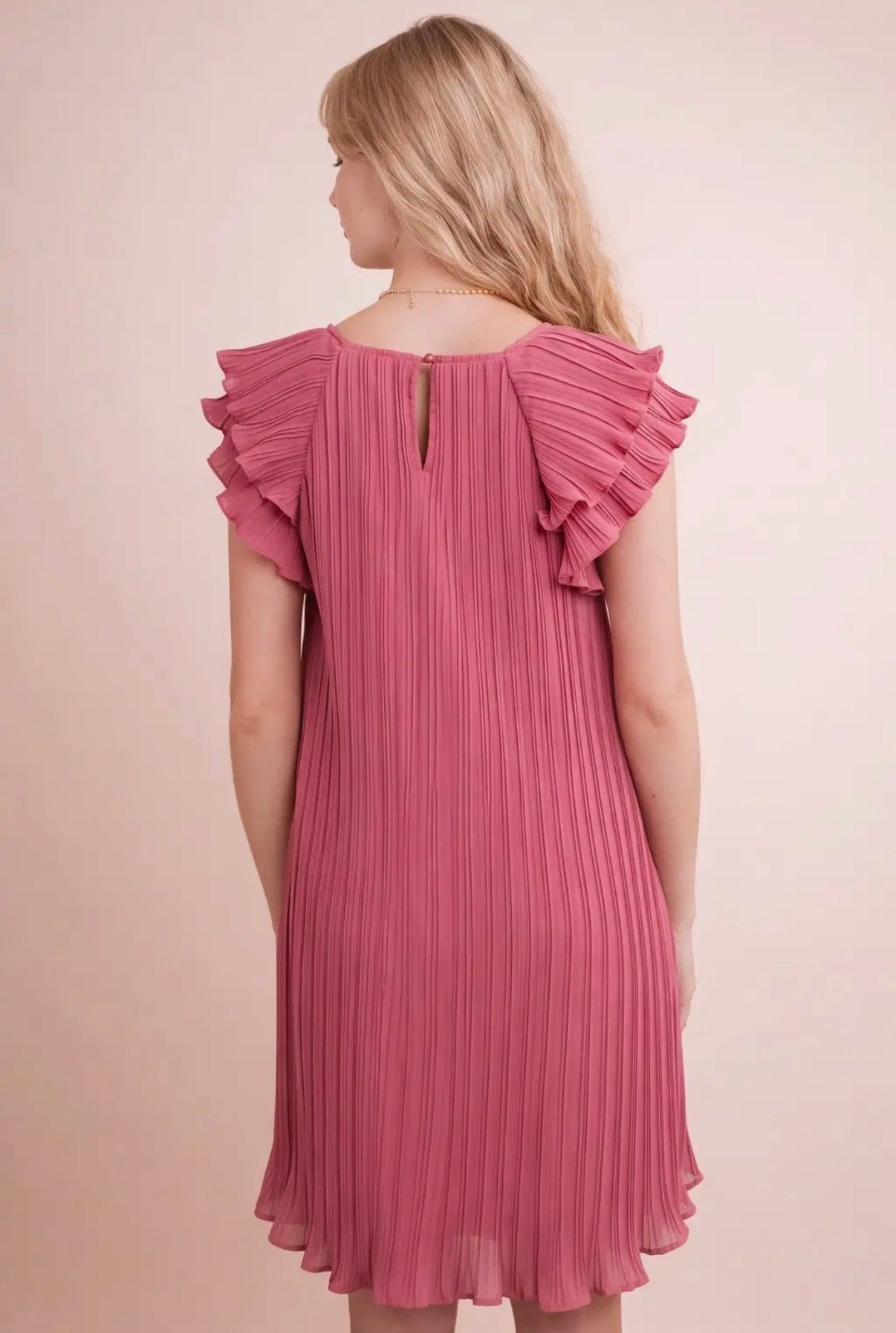 Rose Pleated Ruffle Sleeve Dress