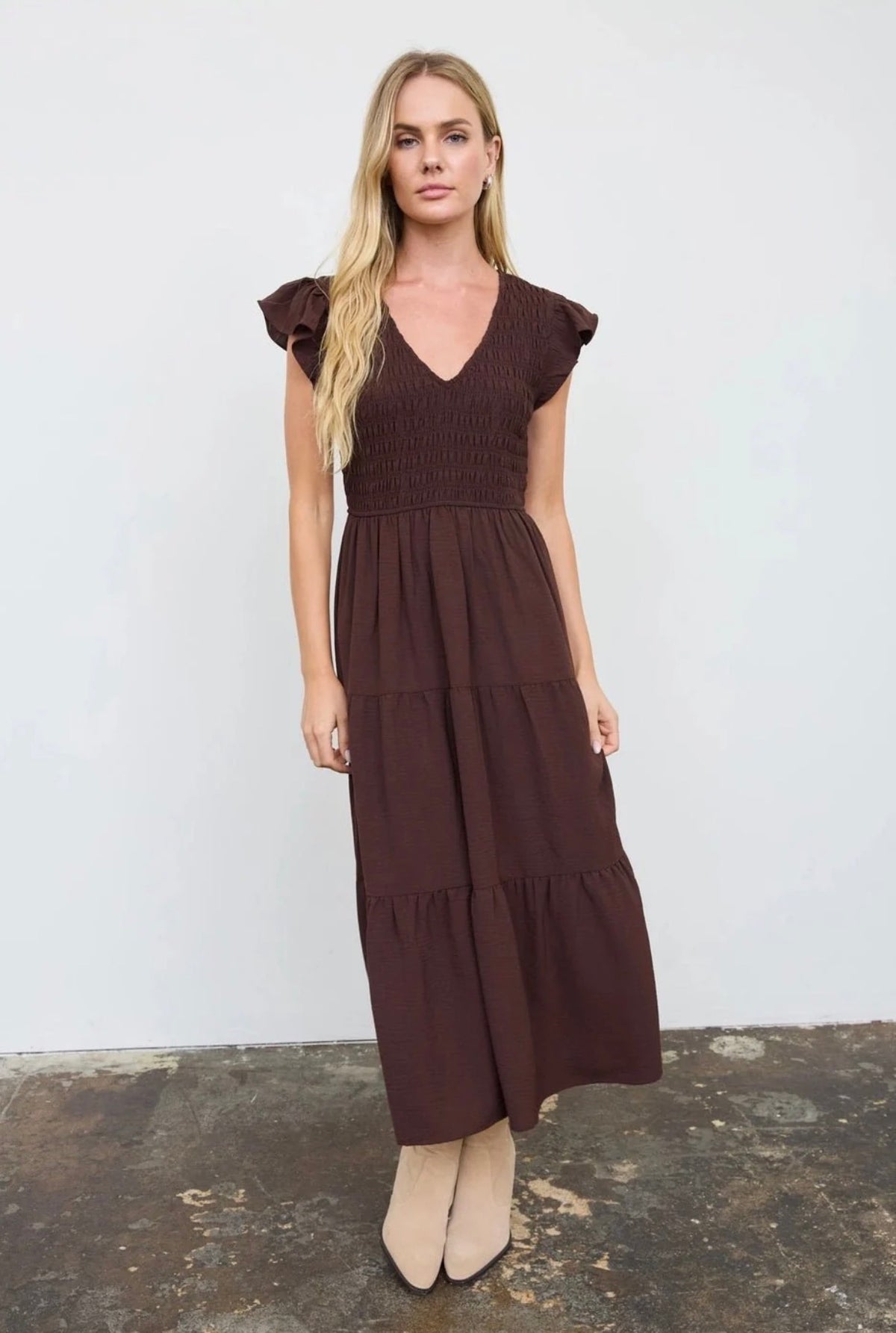 Chocolate Smocked Flutter Sleeve Midi Dress