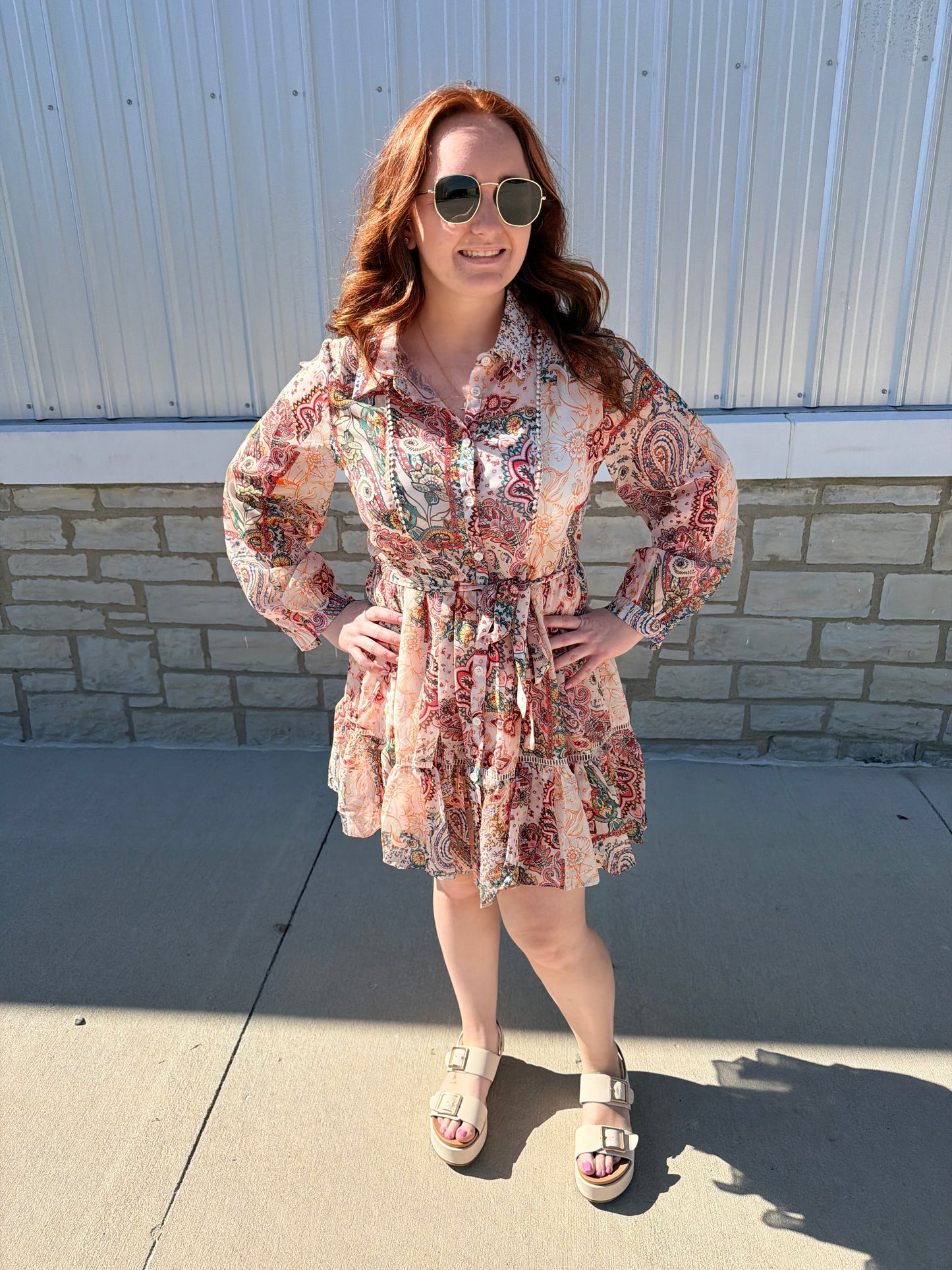 Pretty Paisley Long Sleeve Button Down Shirt Dress