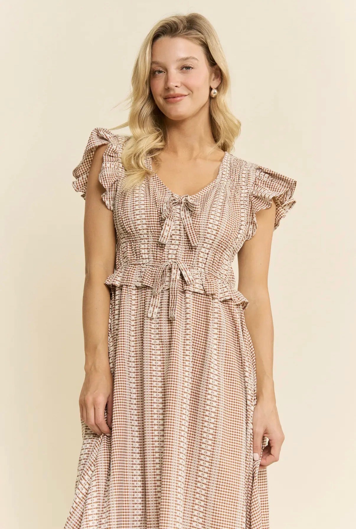 The Mocha Ribbon & Ruffle Midi Dress
