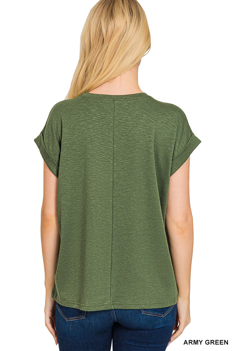Army Green Cotton Modal Rolled Sleeve Top