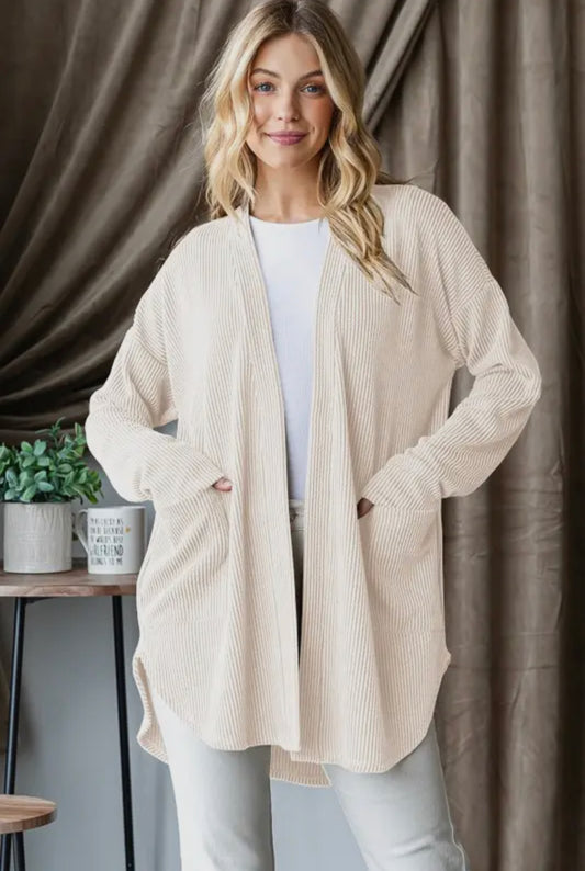 Cream Ribbed Open Cardigan