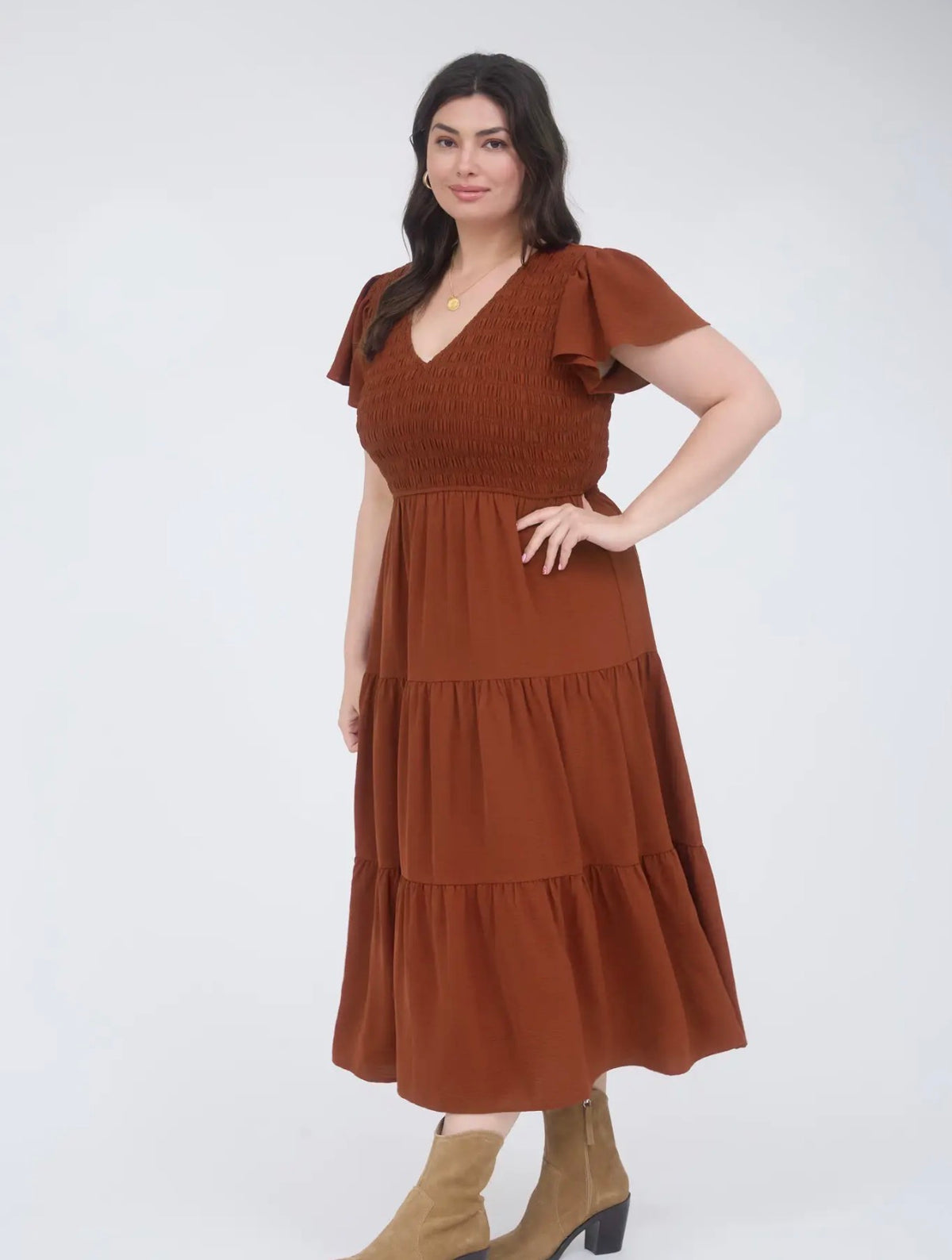 Chili Smocked Flutter Sleeve Midi Dress