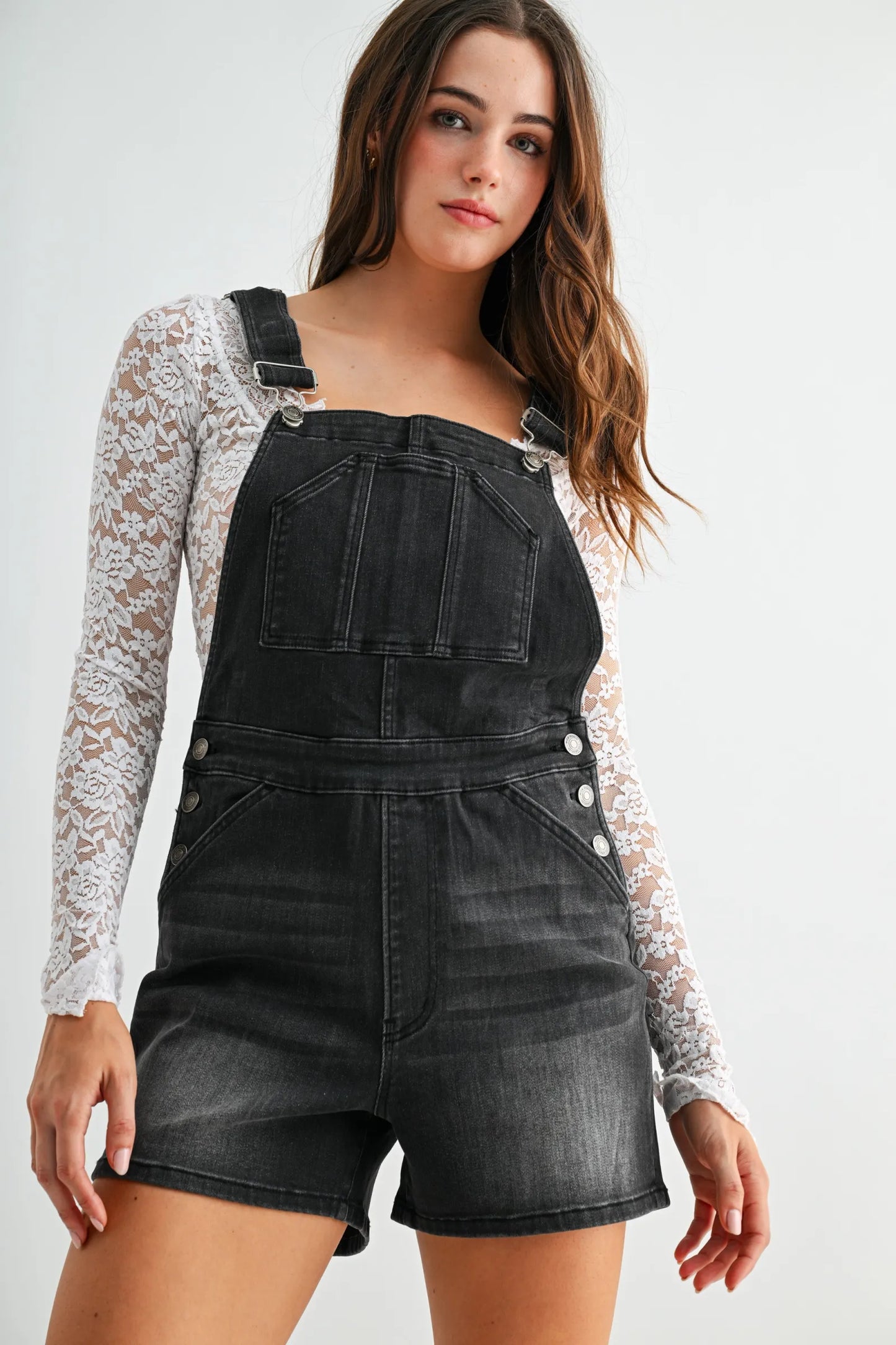 Black Denim Bib Overall Shorts