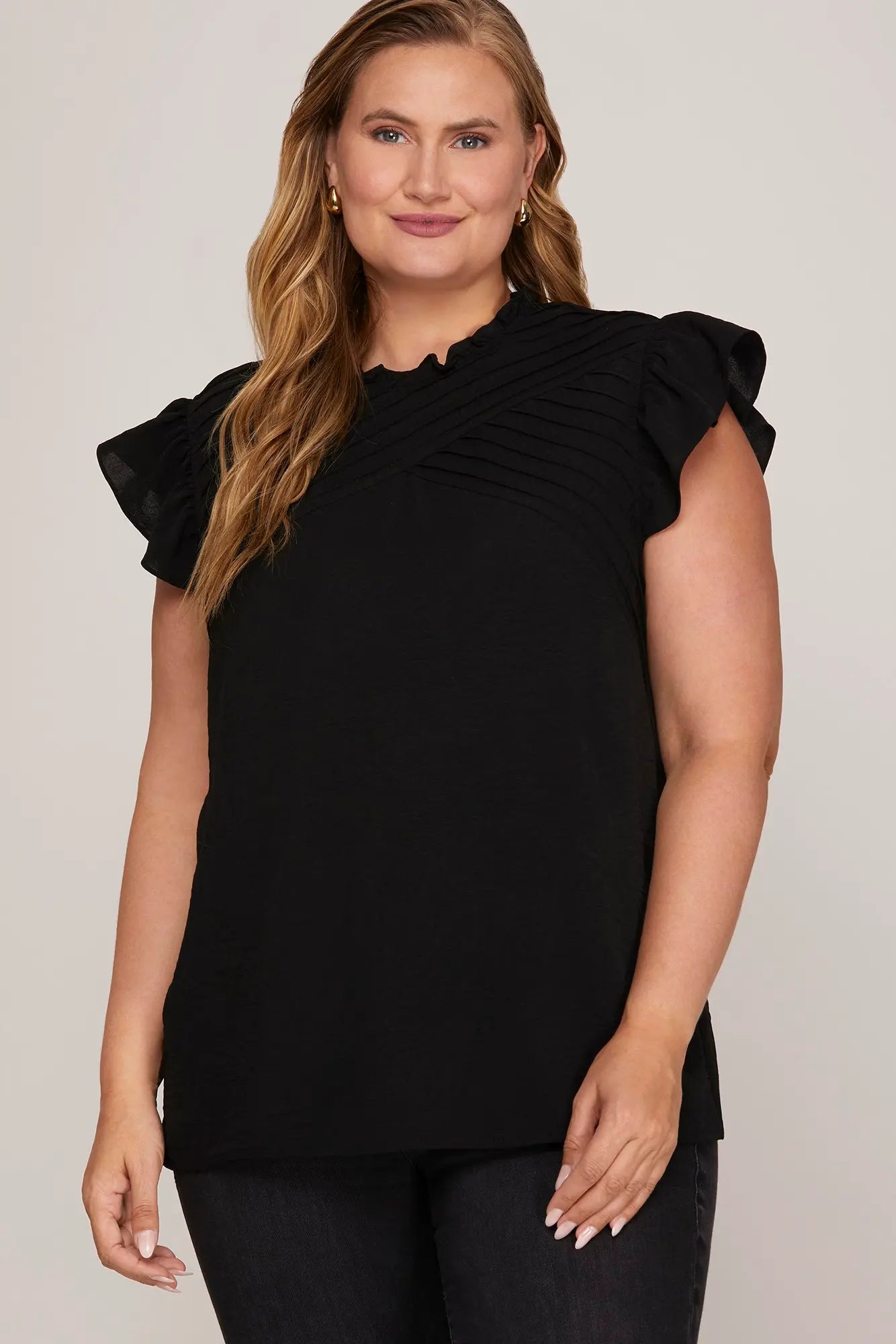 Black Ruffle Detail Pintuck Top