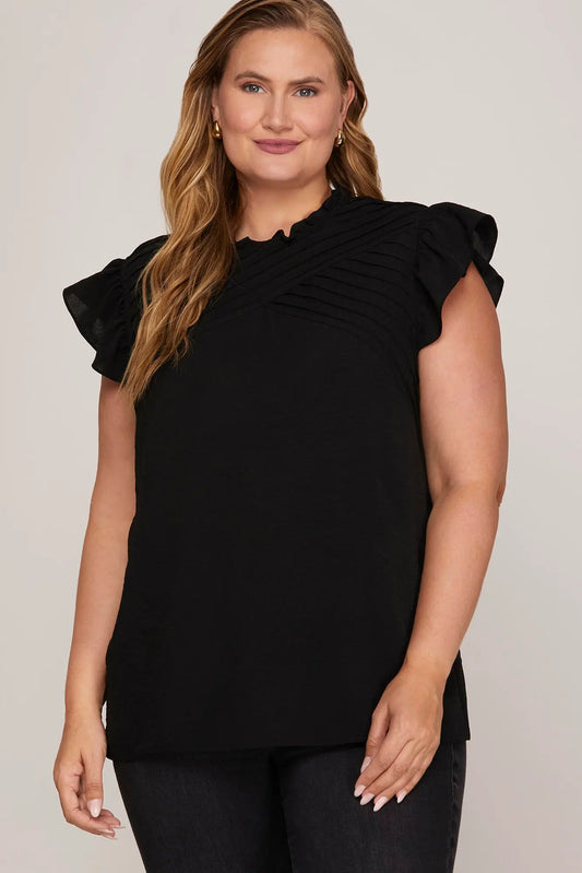 Black Ruffle Detail Pintuck Top