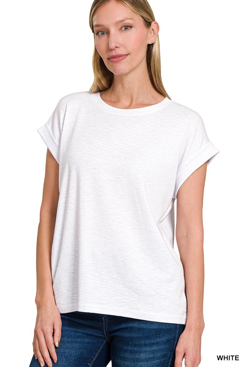 White Cotton Modal Rolled Sleeve Top