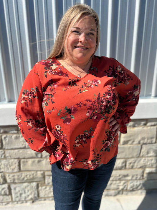 Copper Floral Long Sleeve Blouse