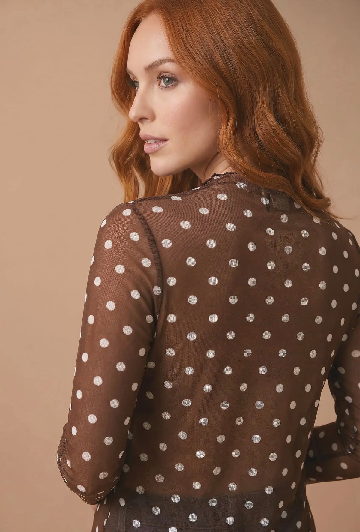 Brown Polka Dot Mesh Long Sleeve