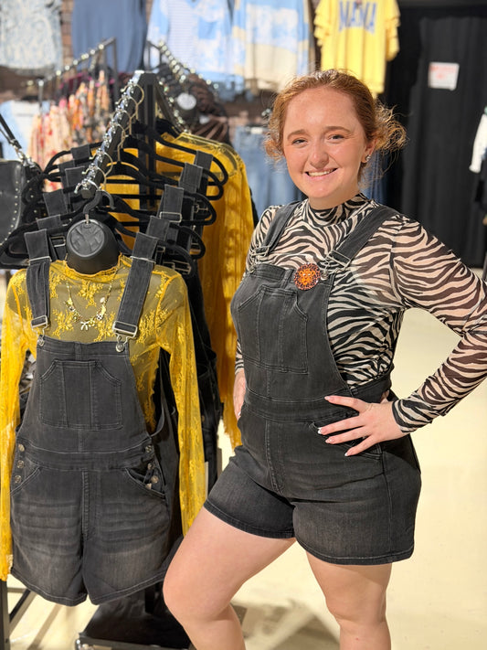 Black Denim Bib Overall Shorts