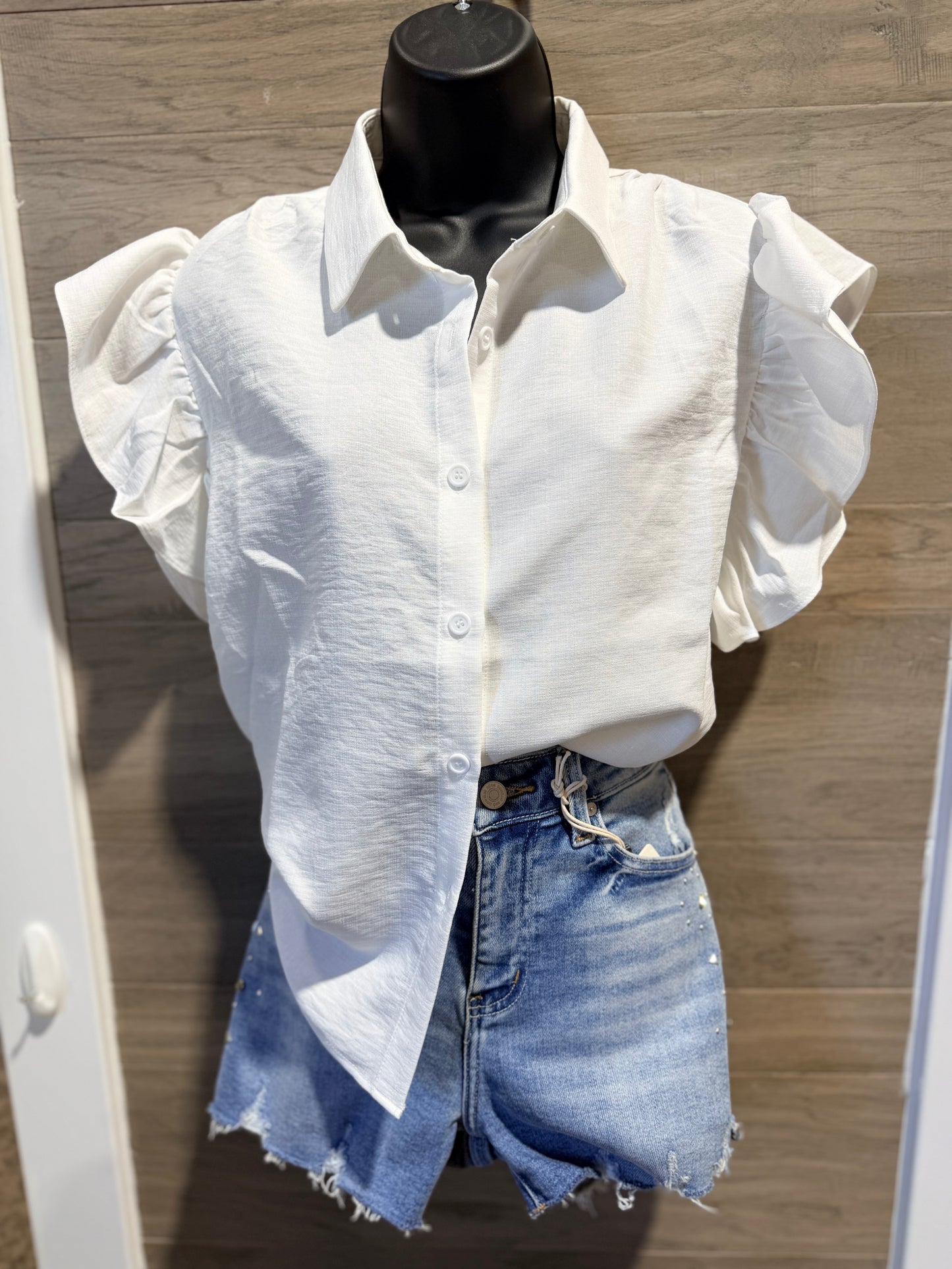 White Ruffle Sleeve Button Down Top