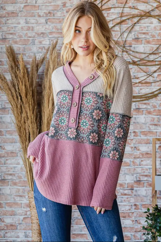 Mauve Vintage Colorblock Long Sleeve Top