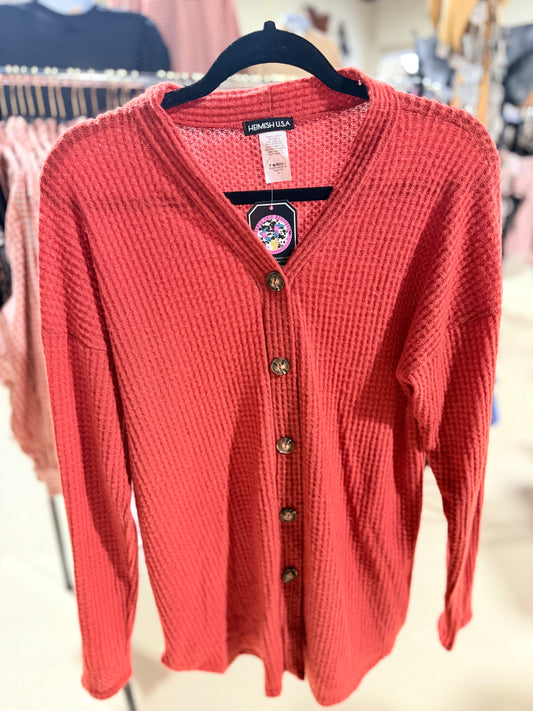 Rust Fuzzy Waffle Button Down Cardigan