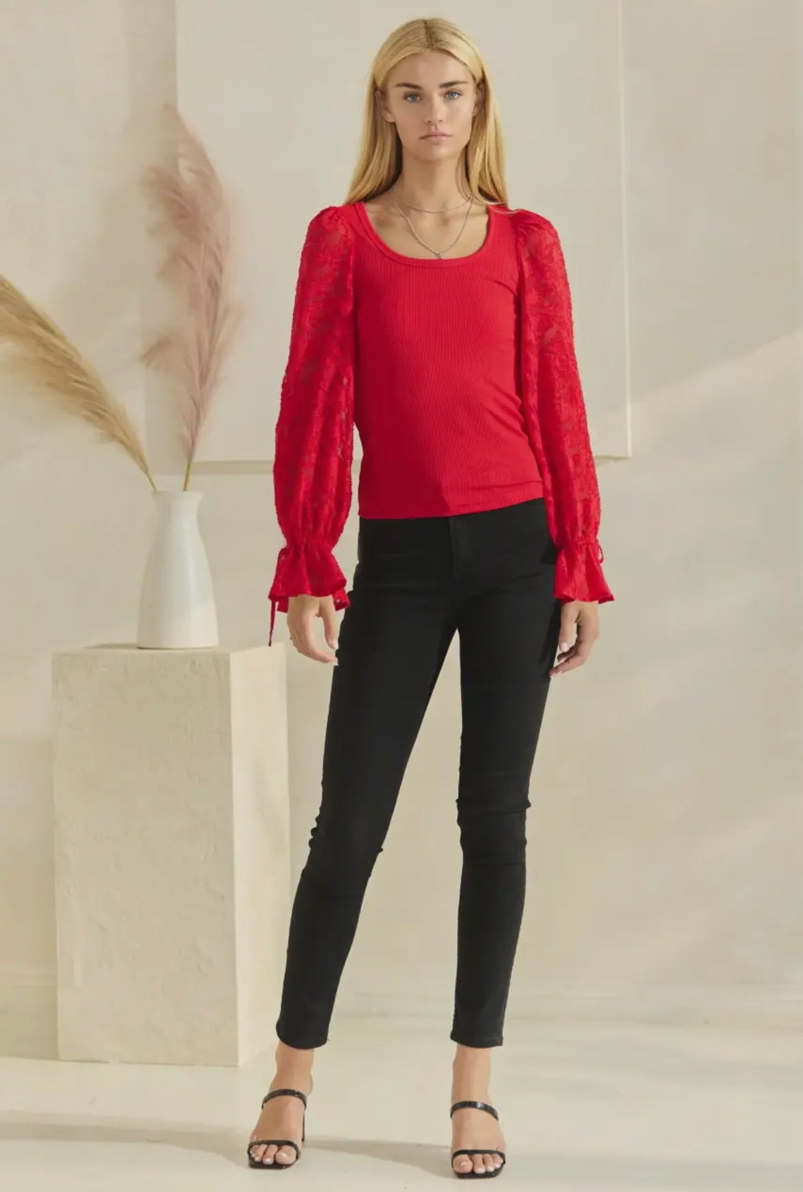 Red Ribbed Top With Jaquard Long Sleeves