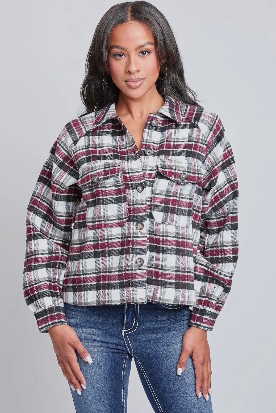 Burgundy Plaid Cropped Boxy Fit Shacket