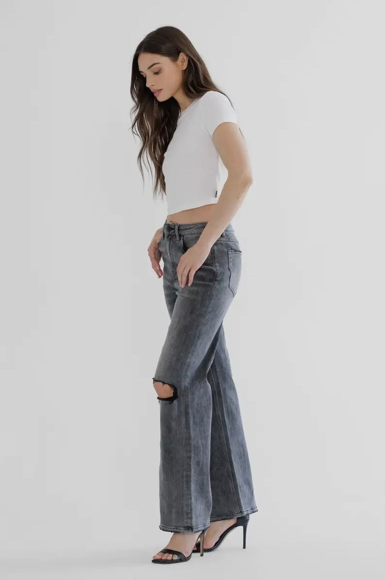 Mayci Black Super High Rise Wide Leg Distressed Knee Jeans