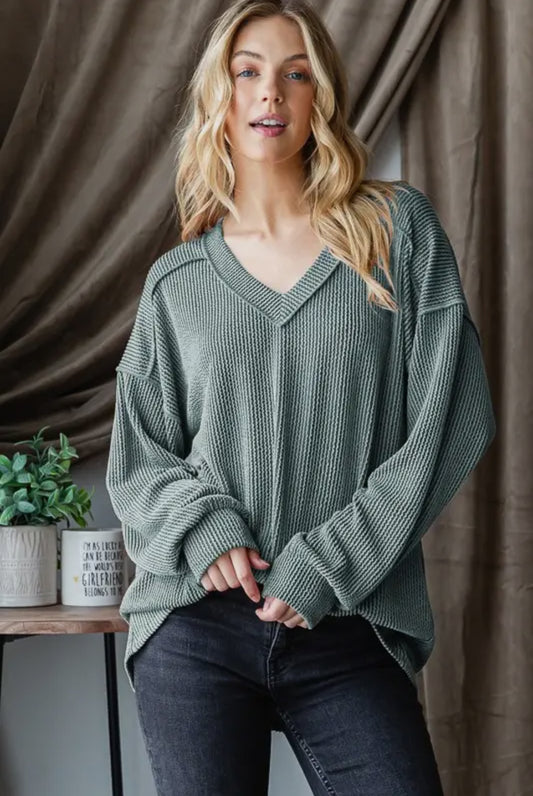 Vintage Light Olive Ribbed Long Sleeve Top