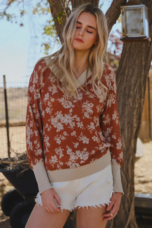 Rust Floral Relaxed Knit Top