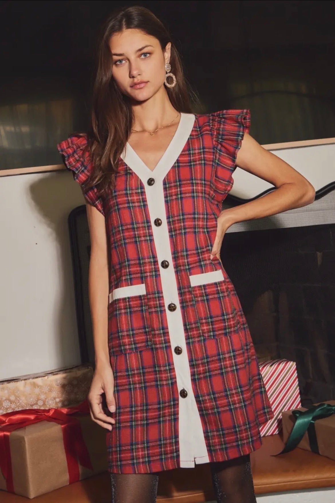 Holiday Plaid Button Front Dress