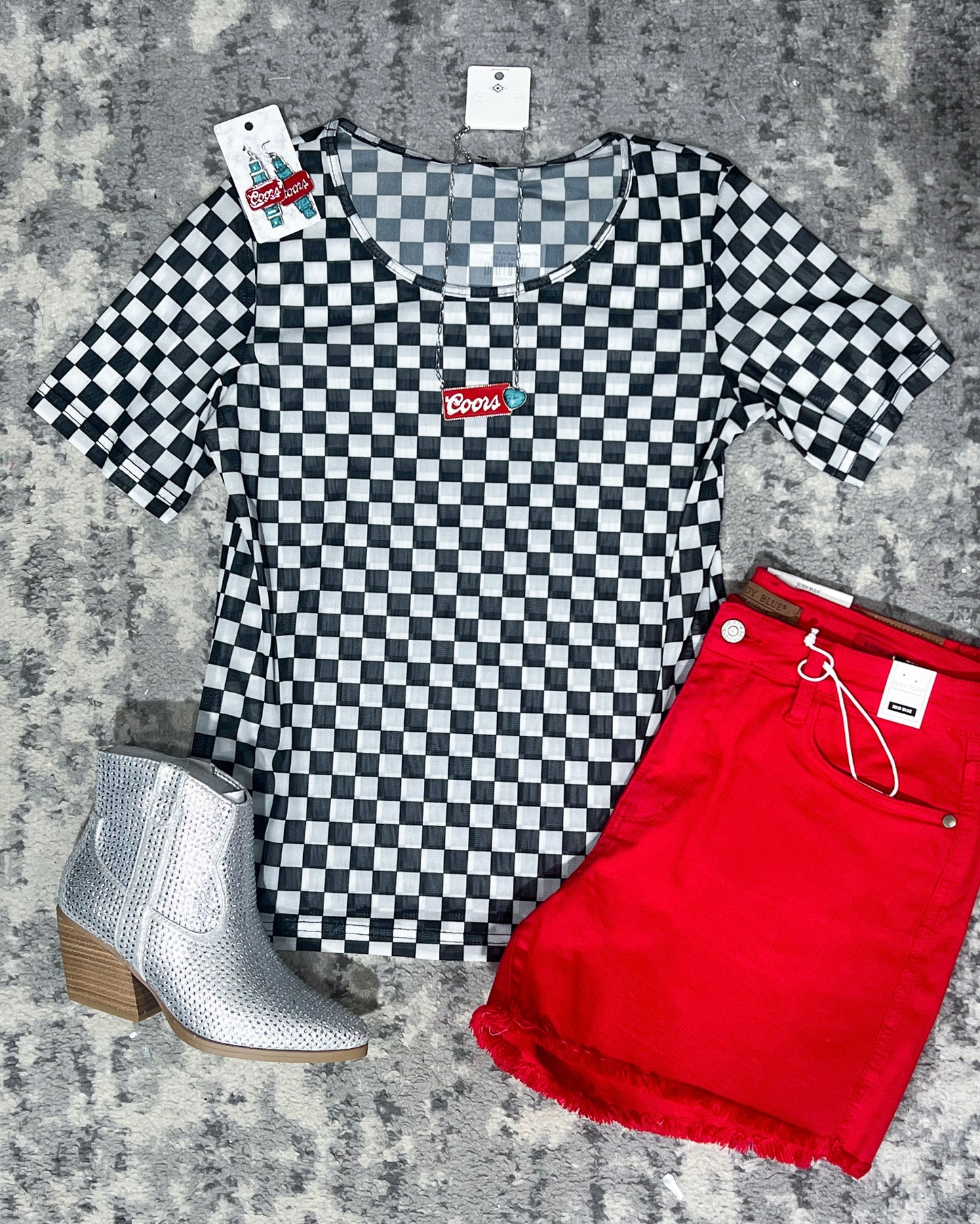 Checkered Mesh Short Sleeve Top