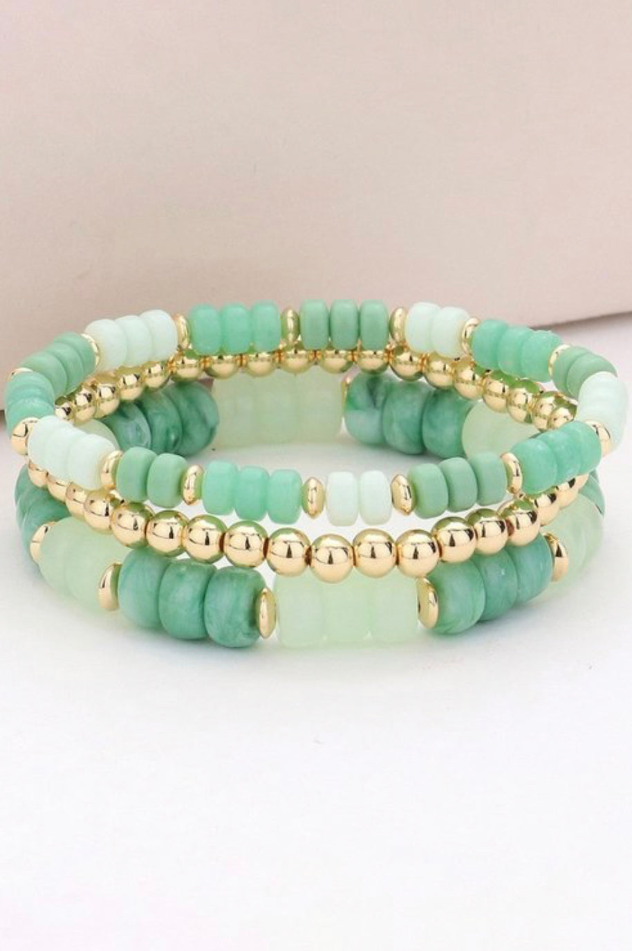 Green + Gold Beaded Bracelet Set